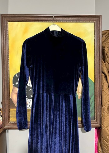 Uzun Kollu kadife Lacivert Kadın Elbise bir kez giyildi - Görsel 4