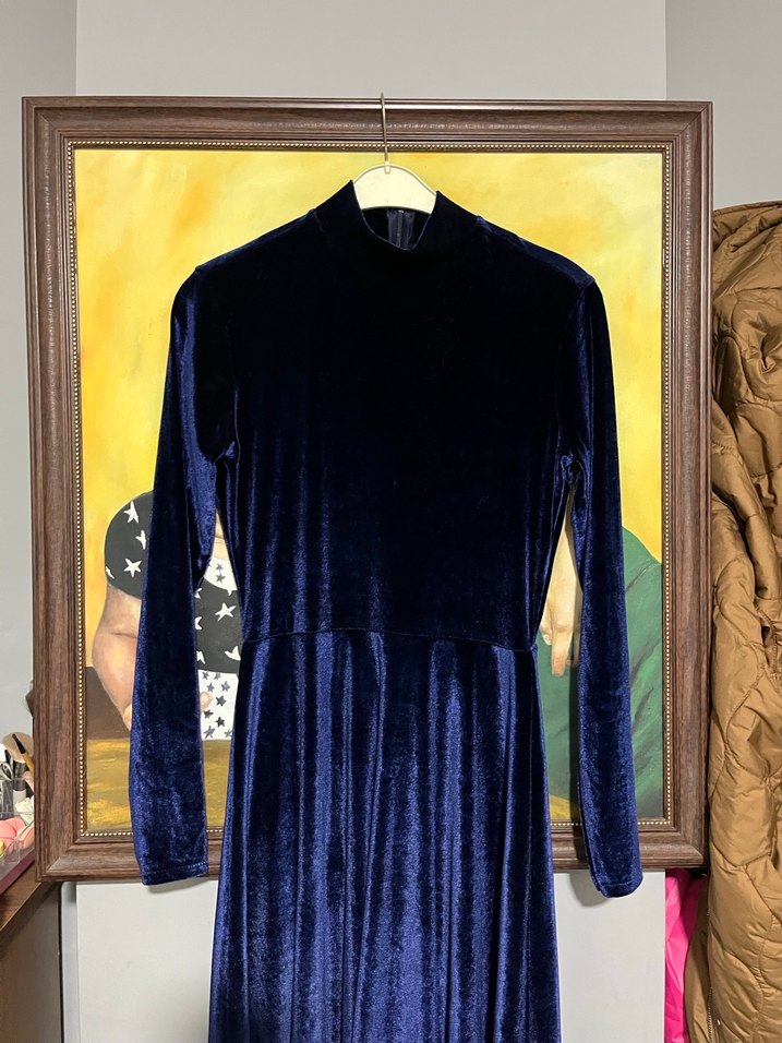 Uzun Kollu kadife Lacivert Kadın Elbise bir kez giyildi - Görsel 4