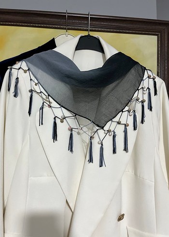 Püsküllü Bohem Gri Kadın Fular orjinal taş ile el yapımı - Görsel 2