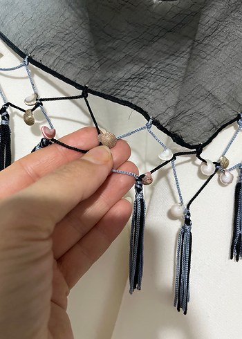 Püsküllü Bohem Gri Kadın Fular orjinal taş ile el yapımı - Görsel 3