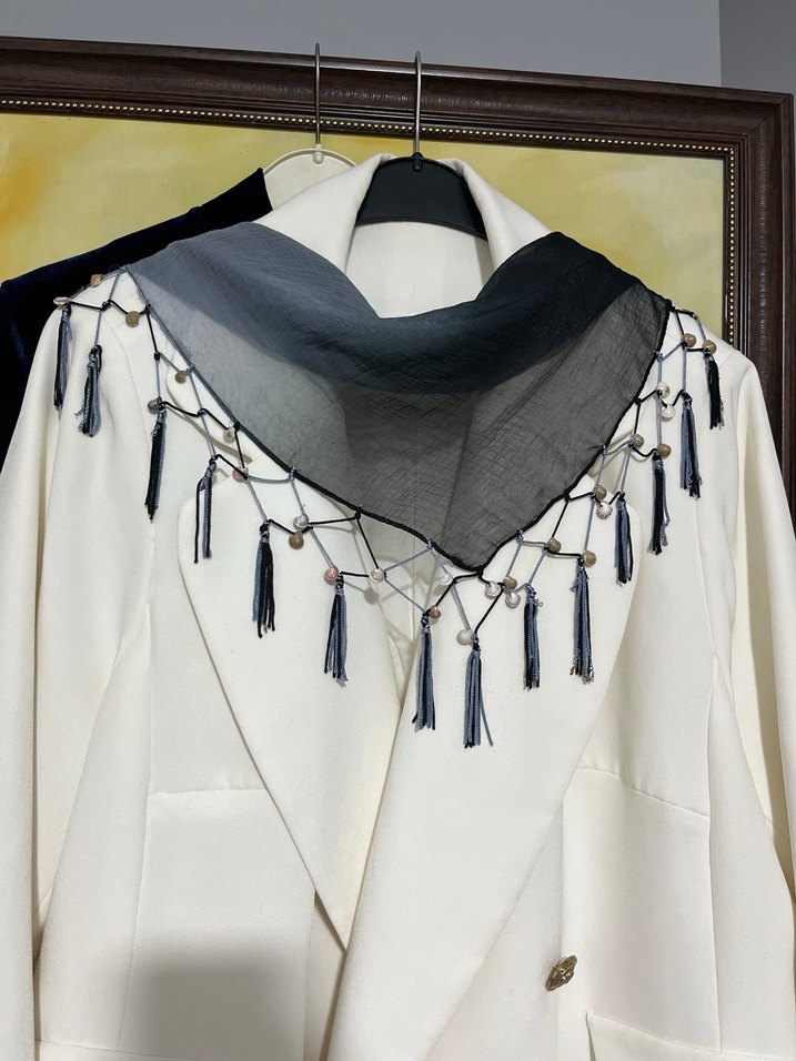 Püsküllü Bohem Gri Kadın Fular orjinal taş ile el yapımı - Görsel 2