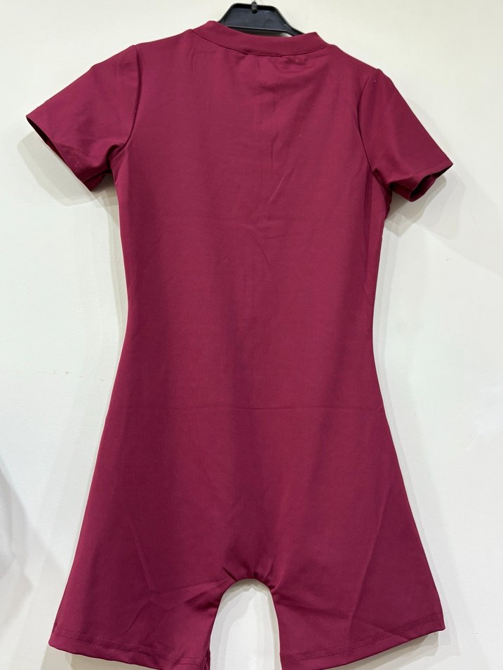 Bordo Fermuarlı Kısa Kollu Kadın Tulum - Görsel 2