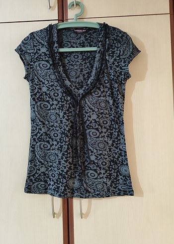 Gri V Yaka Bohem Kadın Bluz y2k gotik