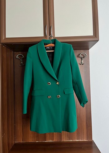 Yeşil Uzun Kol Düğmeli Kadın Blazer Elbise