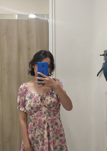 Pembe Çiçek Desenli Midi Bohem Elbise