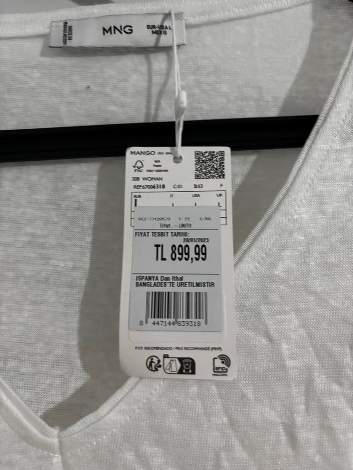 Kadın Beyaz Keten V Yaka Kısa Kollu Tişört Mango - Görsel 2