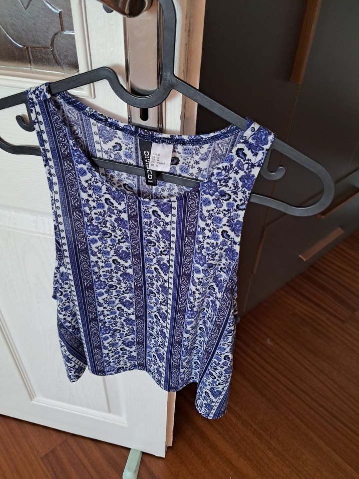 Mavi Gri Mini Bohem V Yaka Kolsuz Bluz - Görsel 2