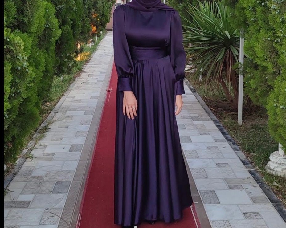 Uzun Mor Saten Kadın Abiye Elbise - Görsel 2