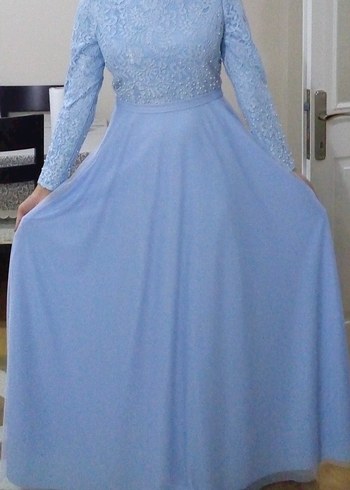 Uzun Kollu Mavi Abiye Elbise - Görsel 2