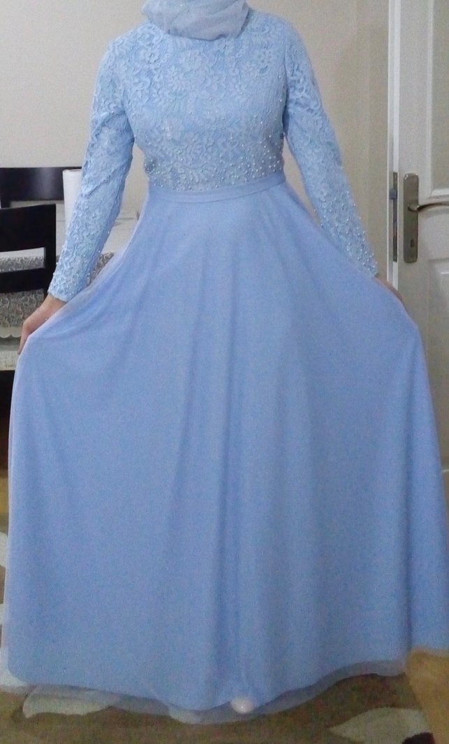 Uzun Kollu Mavi Abiye Elbise - Görsel 2