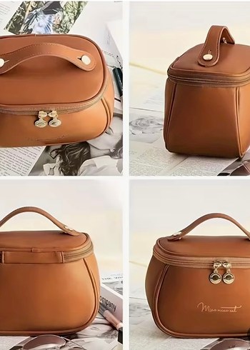 Kahverengi Deri Kadın Makyaj Çantası - Görsel 2