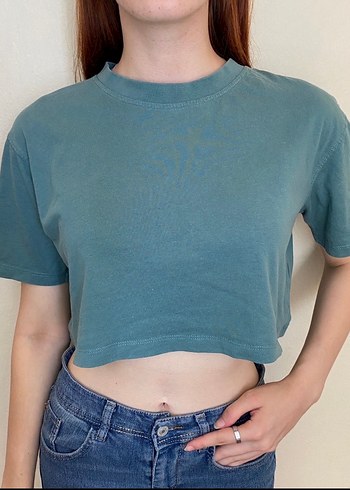 Zara Mavi Denim Crop Tişört