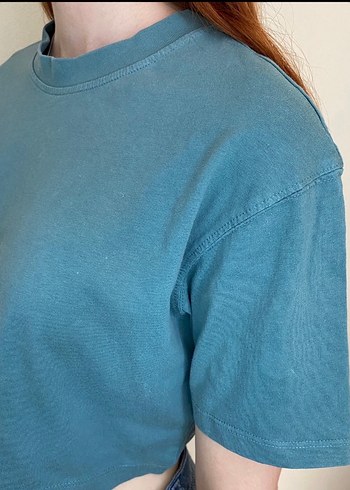 s Beden Mavi Denim Crop Tişört
