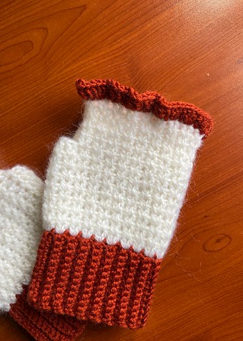 Beyaz ve Kiremit Rengi Örgü Eldiven - Görsel 6