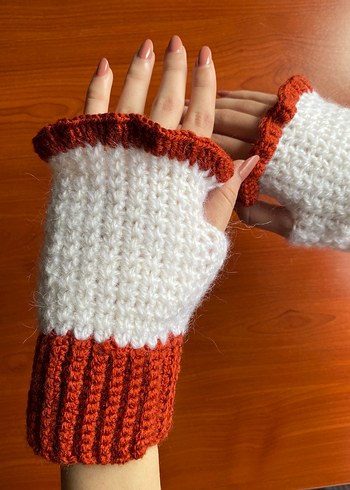 Beyaz ve Kiremit Rengi Örgü Eldiven - Görsel 2