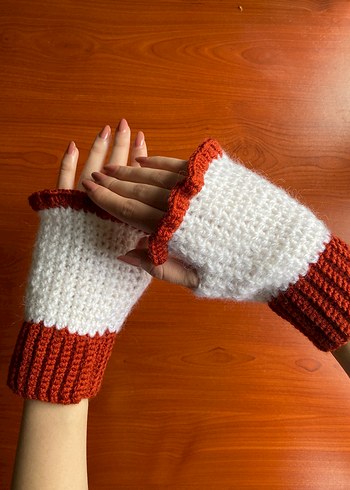 Beyaz ve Kiremit Rengi Örgü Eldiven - Görsel 3