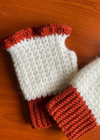 Beyaz ve Kiremit Rengi Örgü Eldiven - Görsel 5