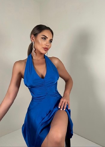 Parlak Mavi V-Yaka Mini Elbise - Görsel 2