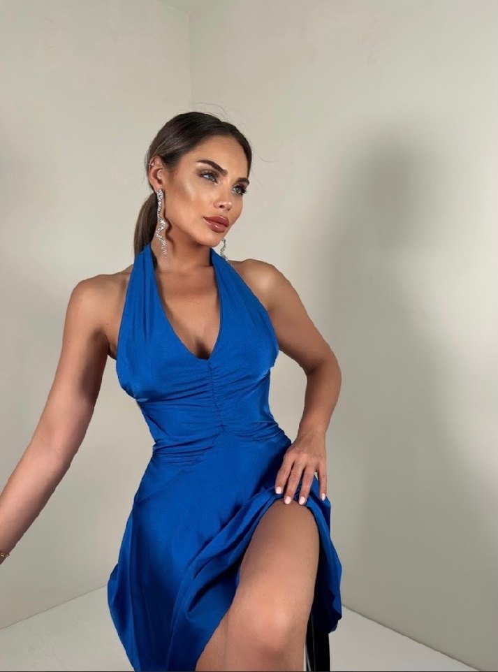 Parlak Mavi V-Yaka Mini Elbise - Görsel 2