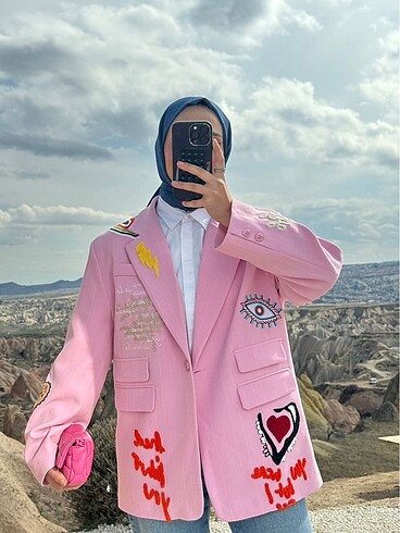 Nakış detaylı blazer ceket pembe
