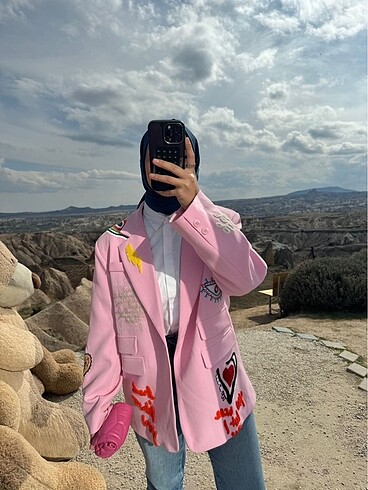 Quzu Nakış detaylı blazer ceket pembe