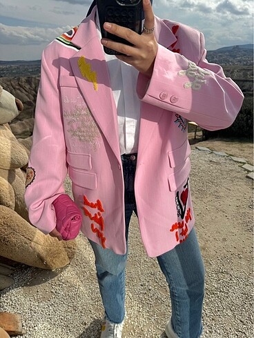 l Beden Nakış detaylı blazer ceket pembe