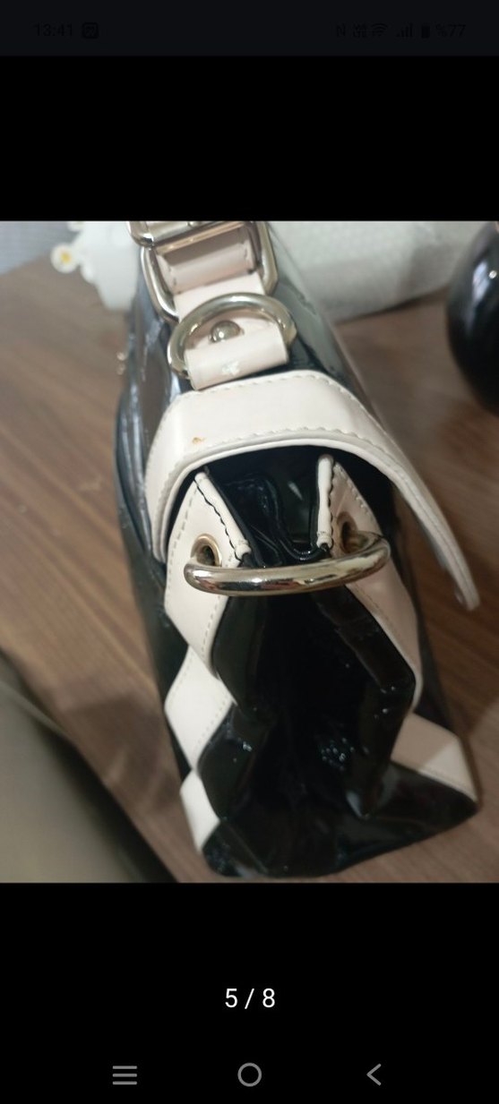 Parlak Siyah krem Deri Kadın Çanta - Görsel 5