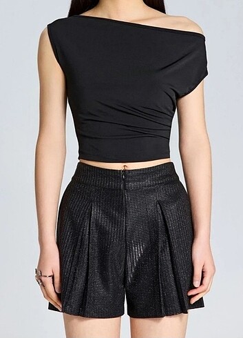 Siyah Çarpraz Yaka Crop Bluz
