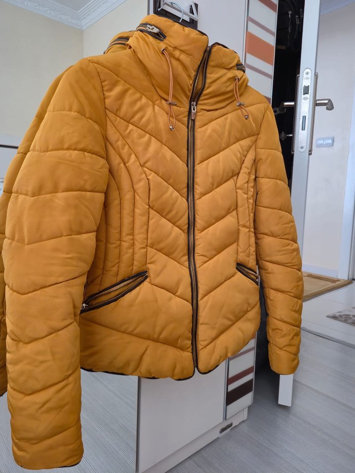 Hardal sarı  Fermuarlı Kadın Midi Mont - Görsel 2