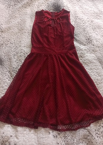 Bordo Dantel Midi Abiye Elbise