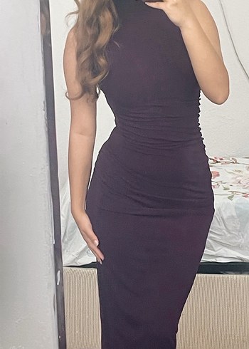 xs Beden mor Renk Mor Drapeli Yüksek Yakalı Midi Kalem Elbise