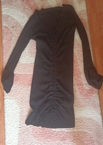 Siyah V Yaka Uzun Kollu triko elbise - Görsel 3