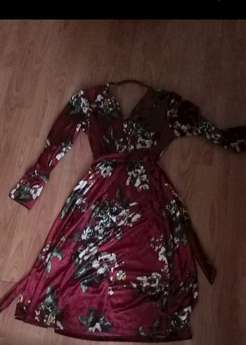 Bordo Bohem Uzun Kollu Uzun kadife elbise - Görsel 2