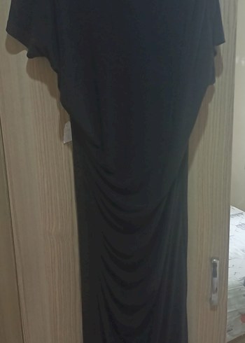 Siyah midi boy belden büzgülü elbise - Görsel 3