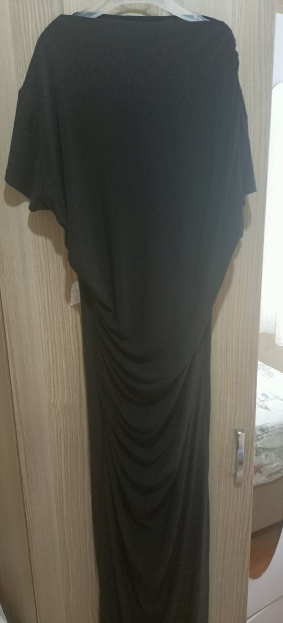 Siyah midi boy belden büzgülü elbise - Görsel 2