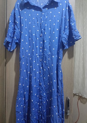 Mavi Puantiyeli Düğmeli Midi boy Elbise - Görsel 2