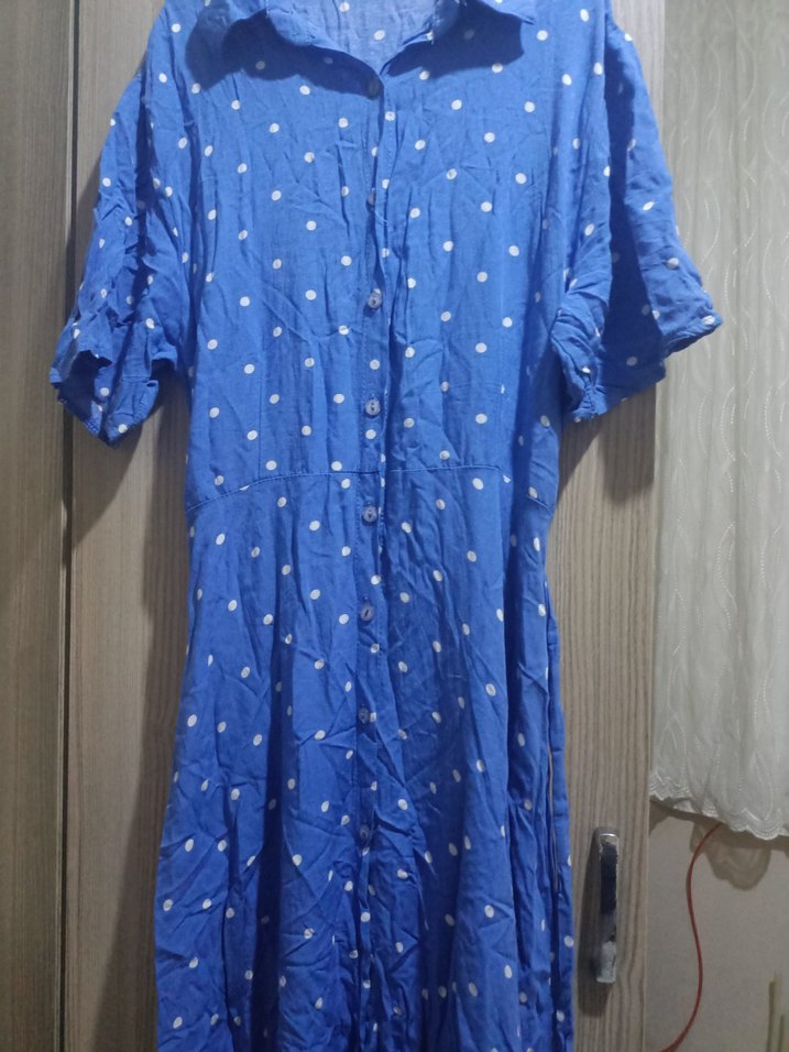 Mavi Puantiyeli Düğmeli Midi boy Elbise - Görsel 2