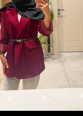 Bordo Kemerli Kadın Süet Blazer Ceket