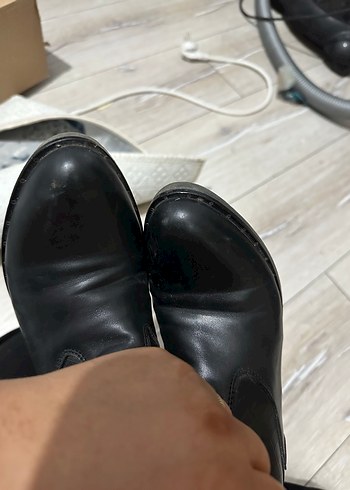 Diğer Siyah Deri Tokalı Blok Topuklu Kadın Bot