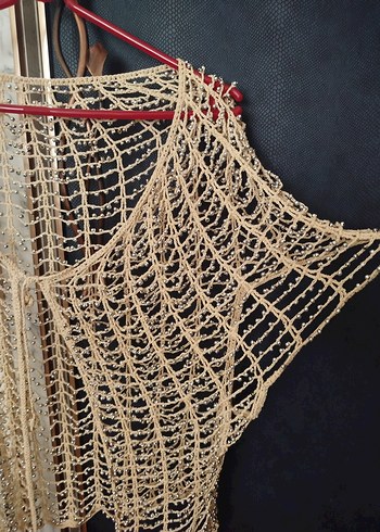 Bej boncuk Detaylı Kadın Bohem Örgü yelek - Görsel 3