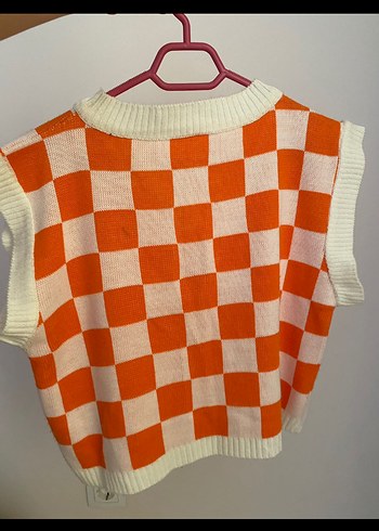 Turuncu Kareli V Yaka Örgü Süveter - Görsel 2