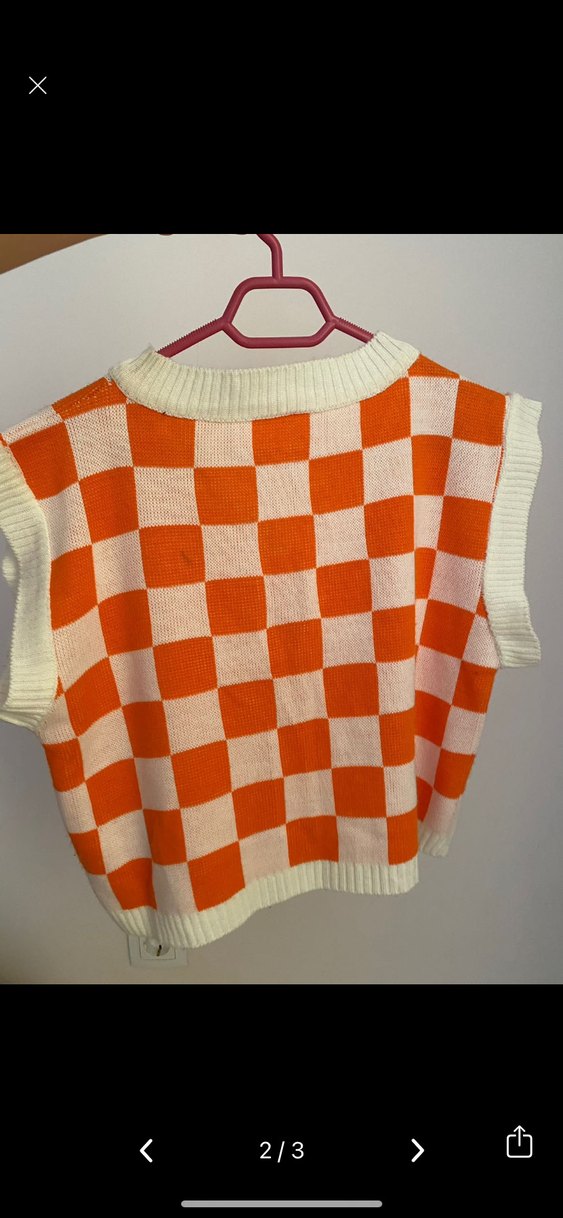 Turuncu Kareli V Yaka Örgü Süveter - Görsel 2
