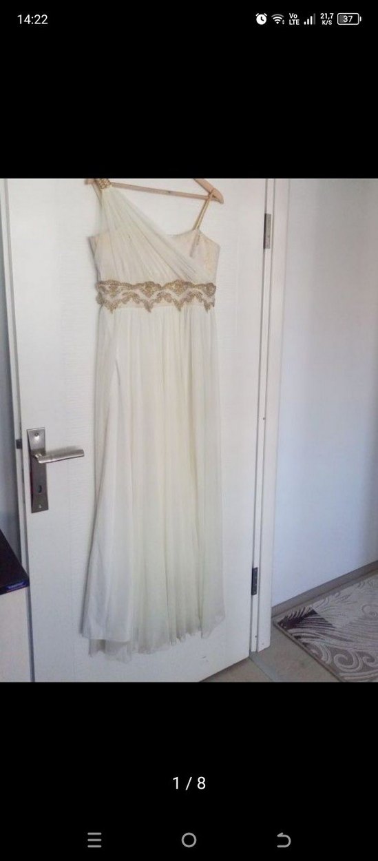 Beyaz Nakışlı Drapeli Uzun Kadın Elbise.Kleopatro model - Görsel 2