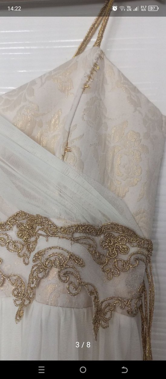 Beyaz Nakışlı Drapeli Uzun Kadın Elbise.Kleopatro model - Görsel 3