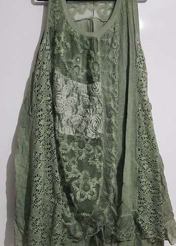 İTALYAN butik ürünü, çağla yeşili keten fantezi elbise - Görsel 2