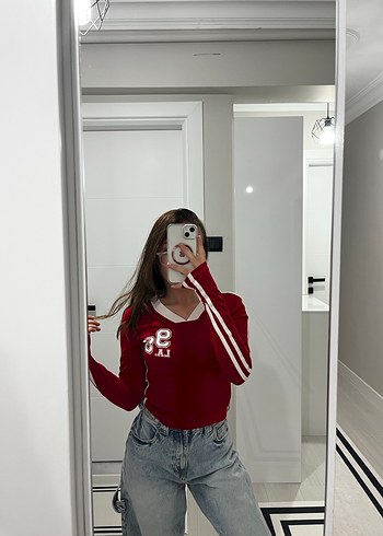 Kırmızı Yüksek Yakalı Uzun Kollu bluz - Görsel 2