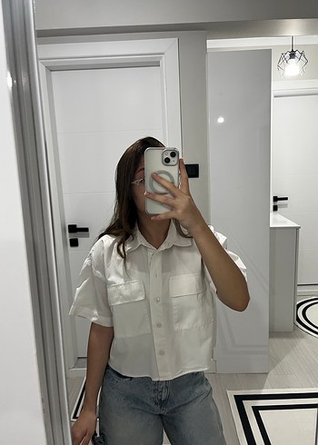 Beyaz Transparan Denim Kısa Kollu Gömlek - Görsel 4