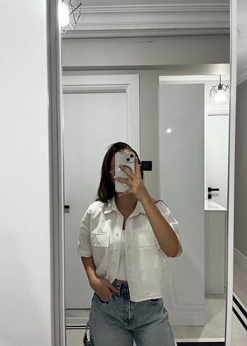 Beyaz Transparan Denim Kısa Kollu Gömlek - Görsel 2