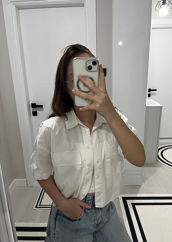 Beyaz Transparan Denim Kısa Kollu Gömlek - Görsel 3