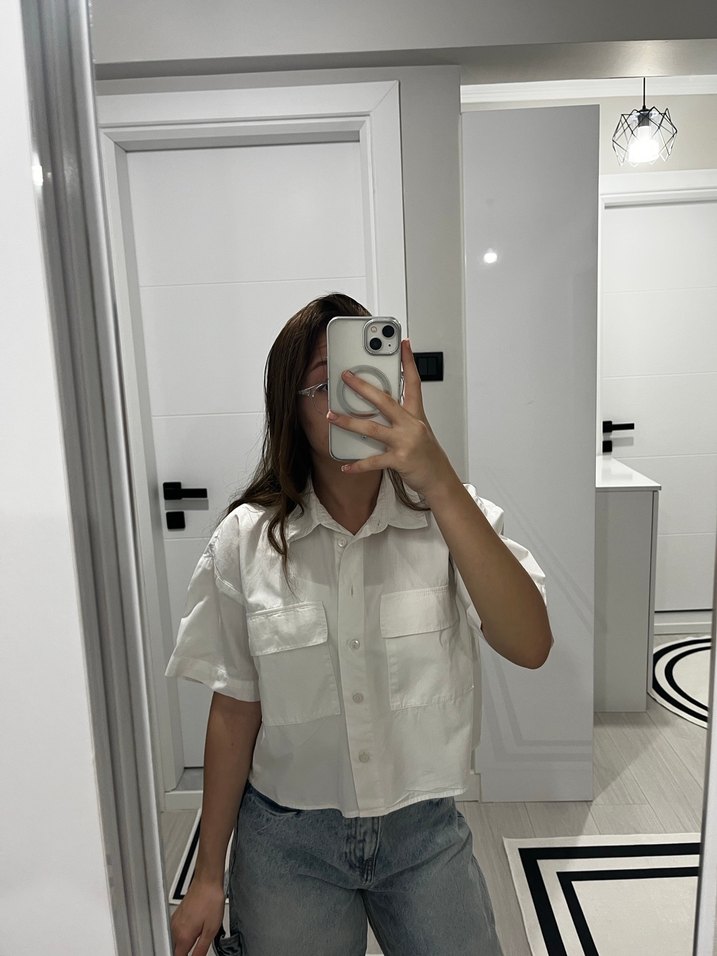 Beyaz Transparan Denim Kısa Kollu Gömlek - Görsel 4